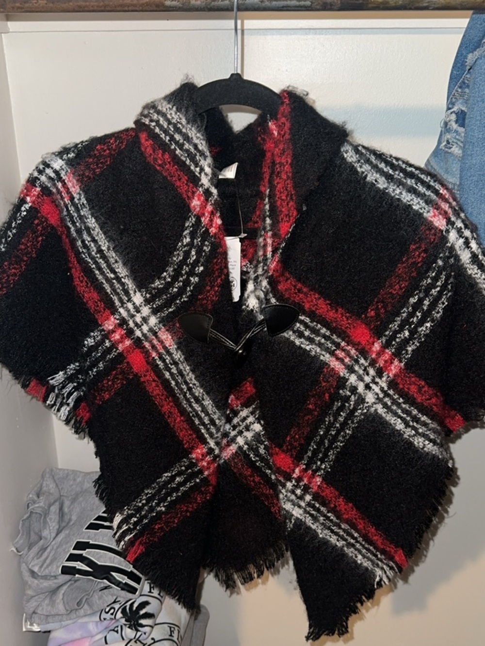 Black Plaid Toggle Poncho with Red & White Accents